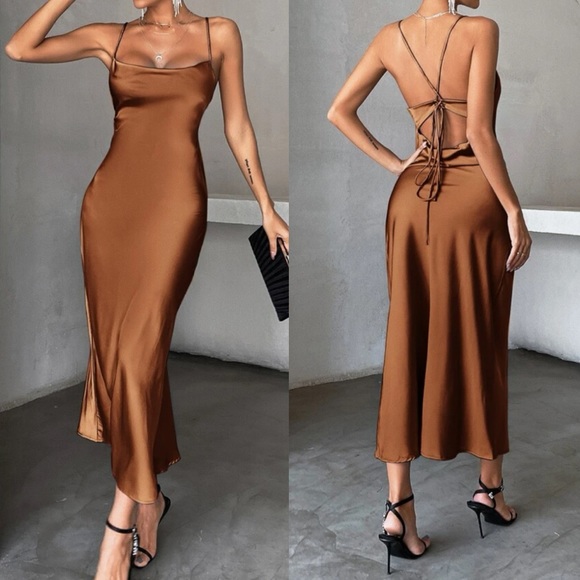 Luxe lace up open party evening wedding satin dress - Picture 1 of 16
